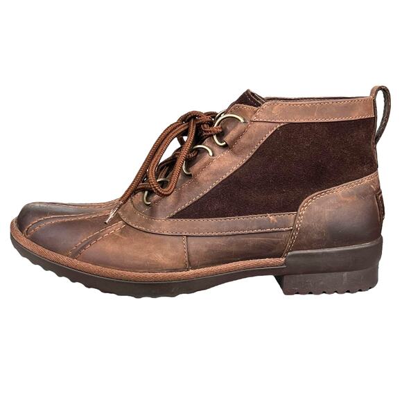 UGG Women’s Heather Brown Leather Duck Boot Size US 8 - Picture 3 of 10